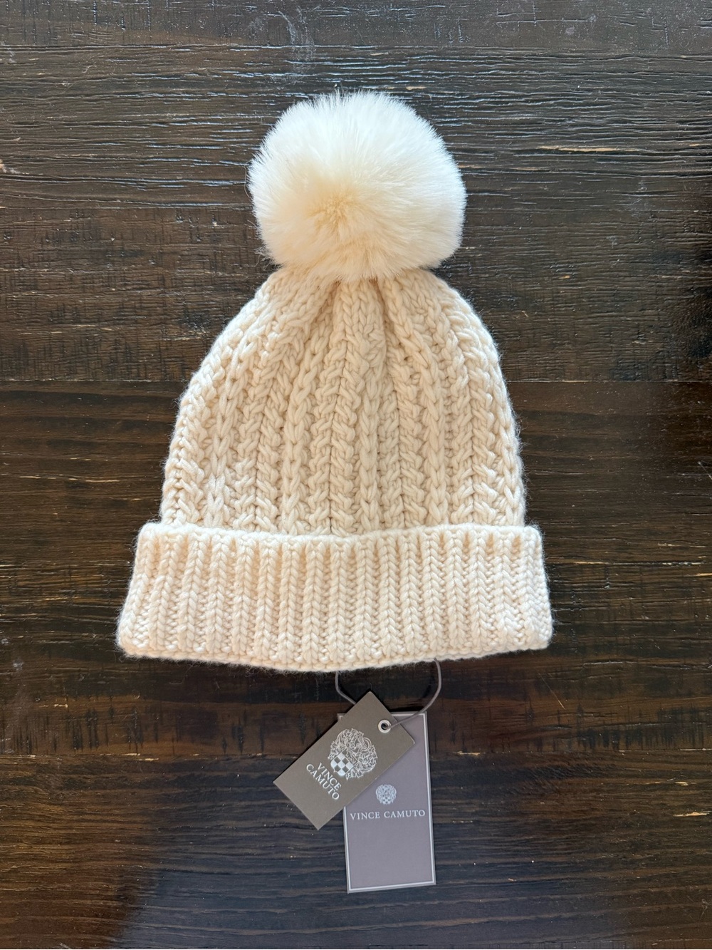 Vince Camuto Cream Cable Knit Pom Beanie